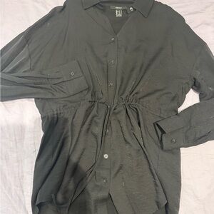 Forever 21 Black Drawstring Waist Button-Down Blouse small